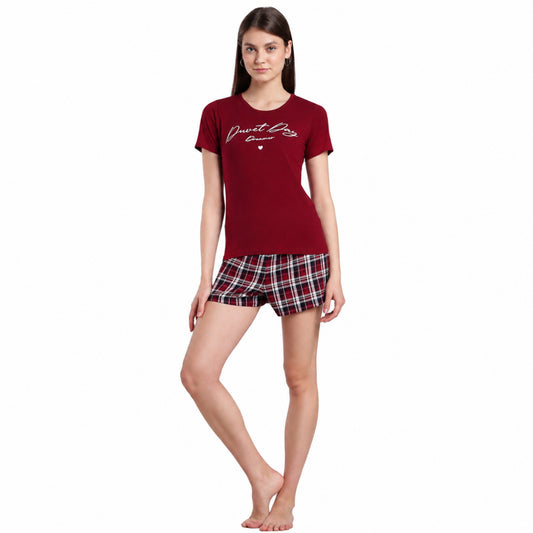 Women’s Cotton Tarten Shorts Set Red