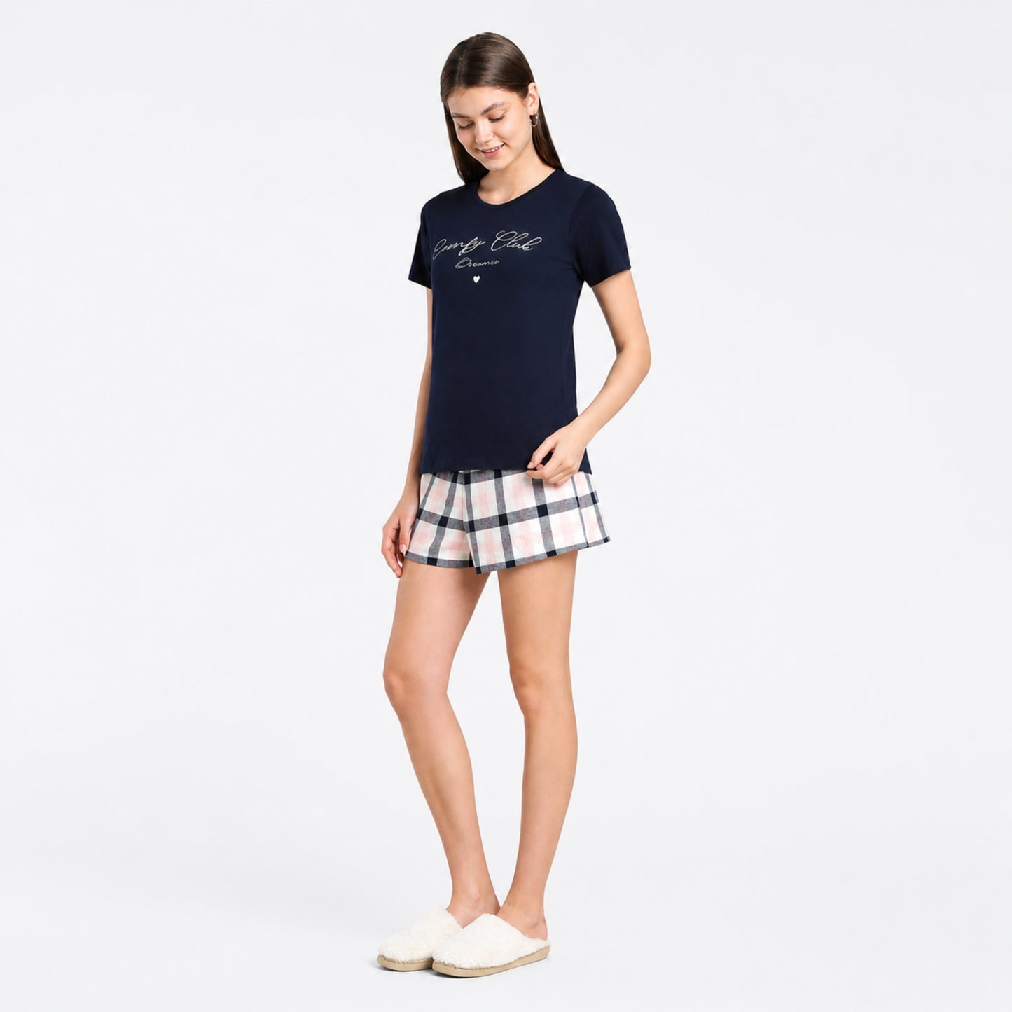 Women’s Cotton Tarten Shorts Set Navy