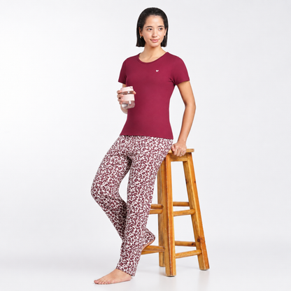 Women’s Folded Leopard Pyjama Set Burgundy