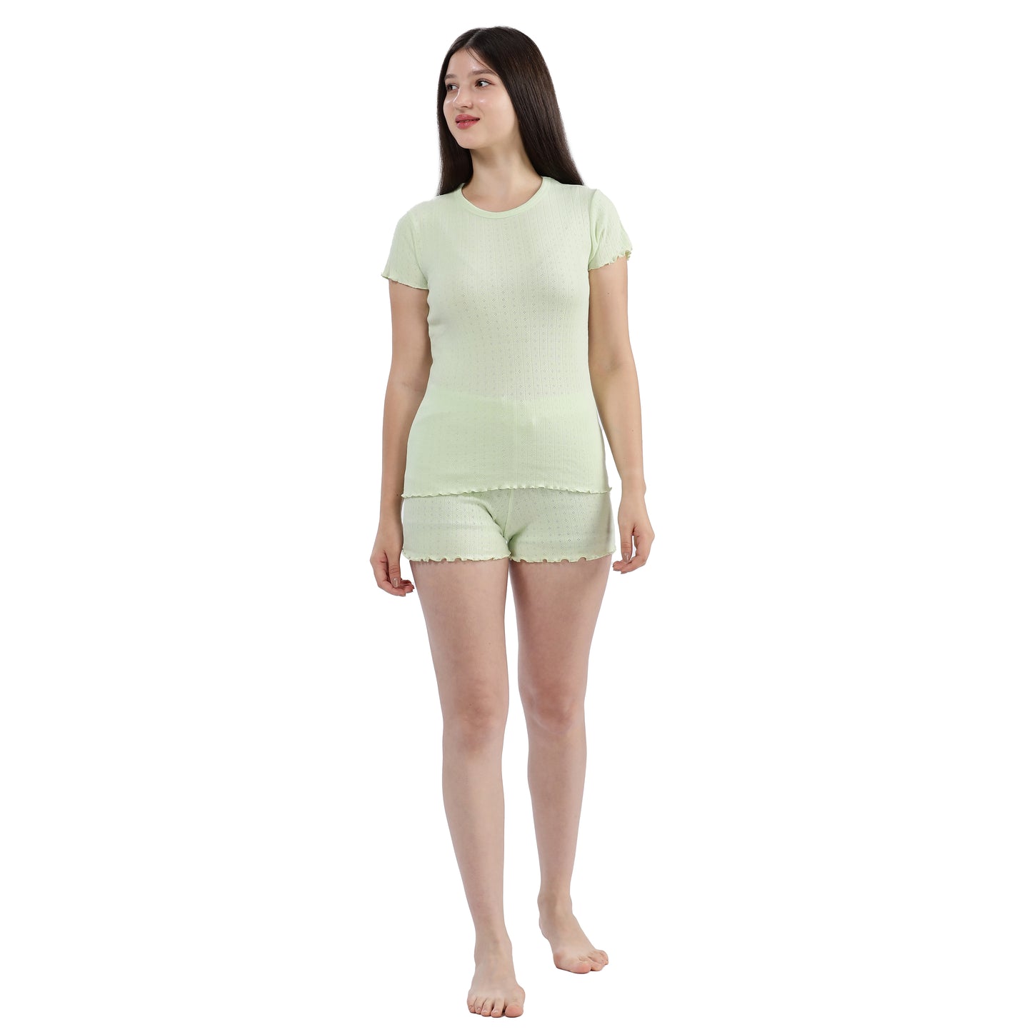 Sage Green Women’s Ribbed Short Sleeve Pointelle Loungewear Set