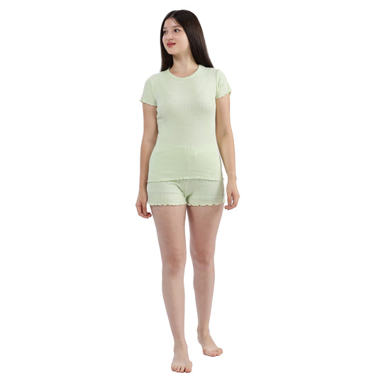 Sage Green Women’s Ribbed Short Sleeve Pointelle Loungewear Set
