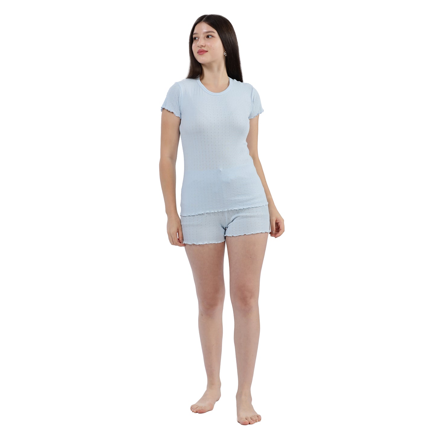 Blue Women’s Ribbed Short Sleeve Pointelle Loungewear Set