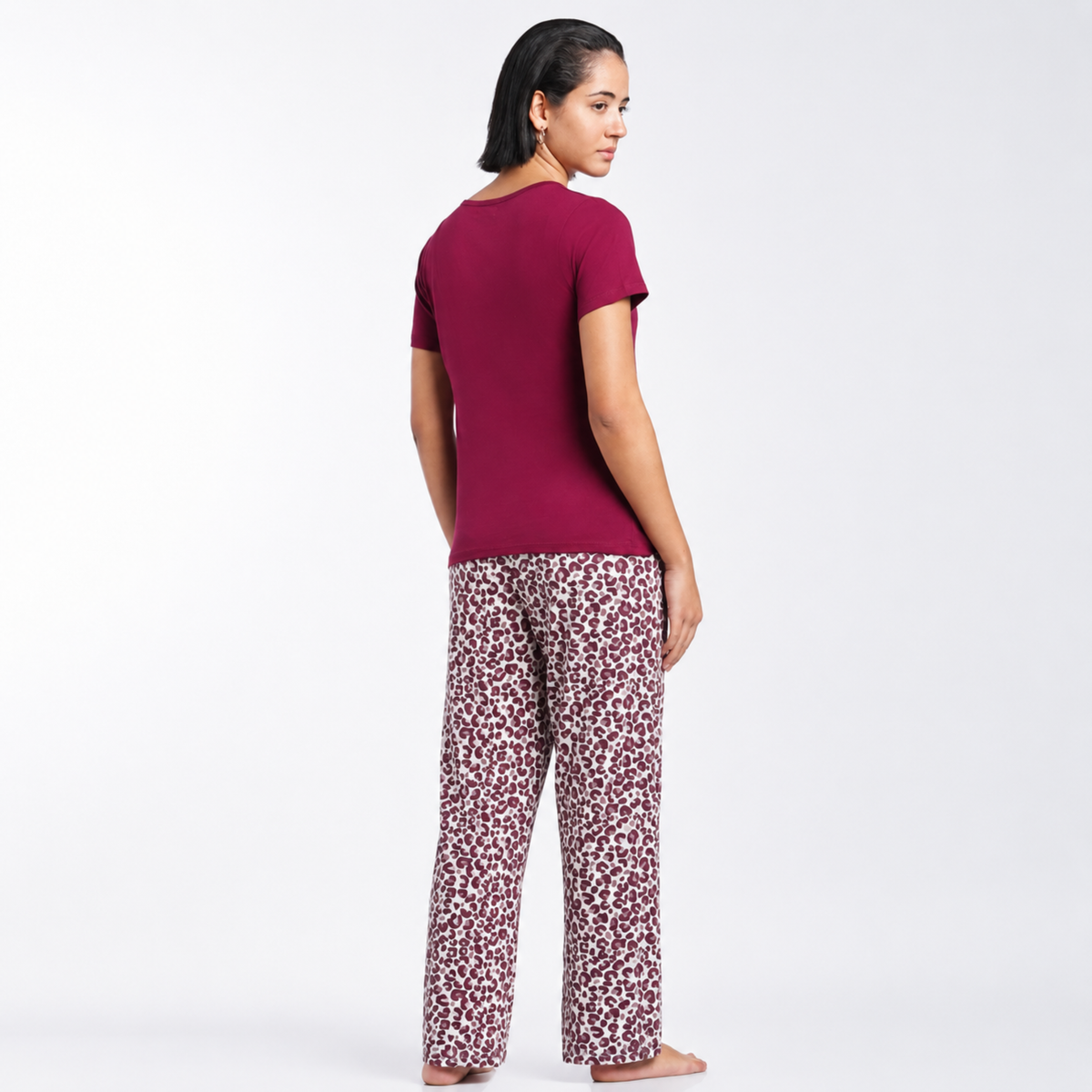 Women’s Folded Leopard Pyjama Set Burgundy