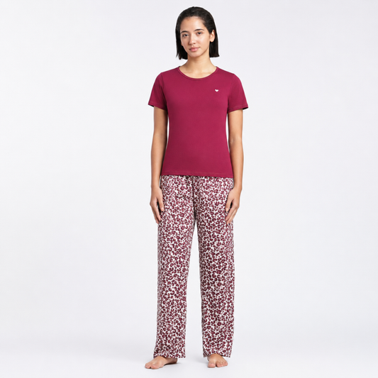 Women’s Folded Leopard Pyjama Set Burgundy