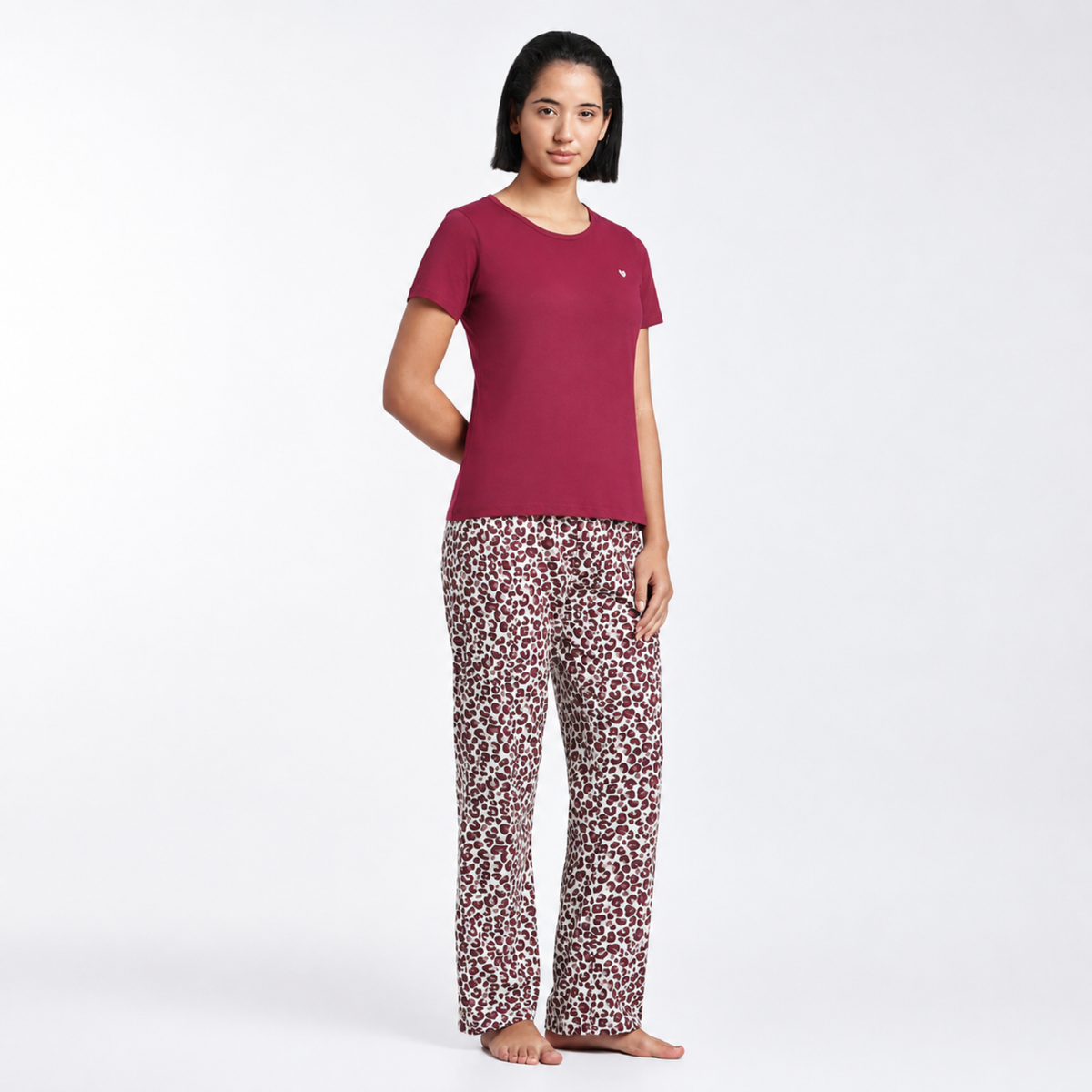 Women’s Folded Leopard Pyjama Set Burgundy