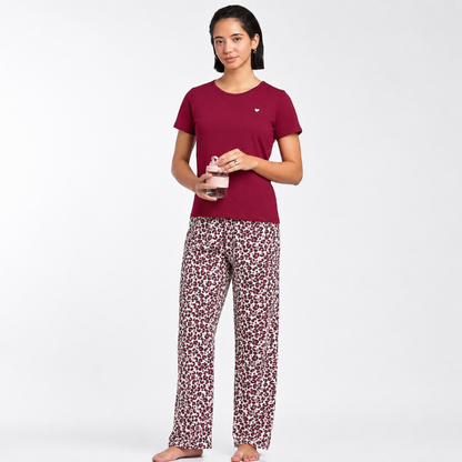 Women’s Folded Leopard Pyjama Set Burgundy