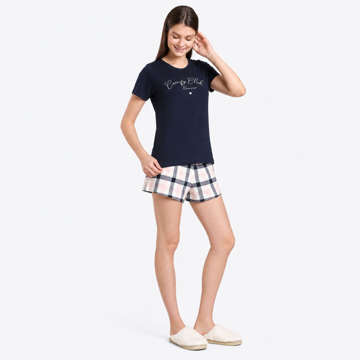 Women’s Cotton Tarten Shorts Set Navy