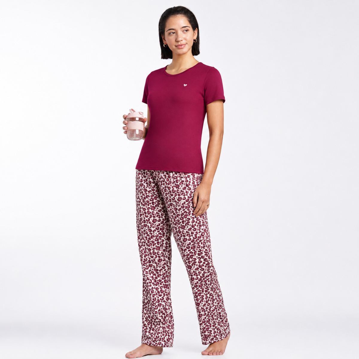 Women’s Folded Leopard Pyjama Set Burgundy