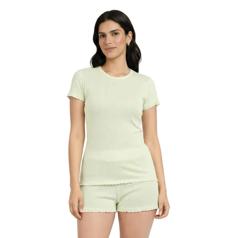Sage Green Women’s Ribbed Short Sleeve Pointelle Loungewear Set