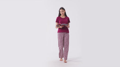 Women’s Folded Leopard Pyjama Set Burgundy